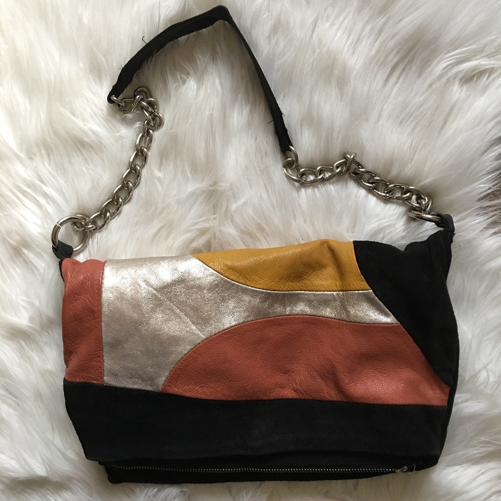 Black Suede with Abstract Leather  TOPSHOP foldover Clutch Purse or Shoulder Bag